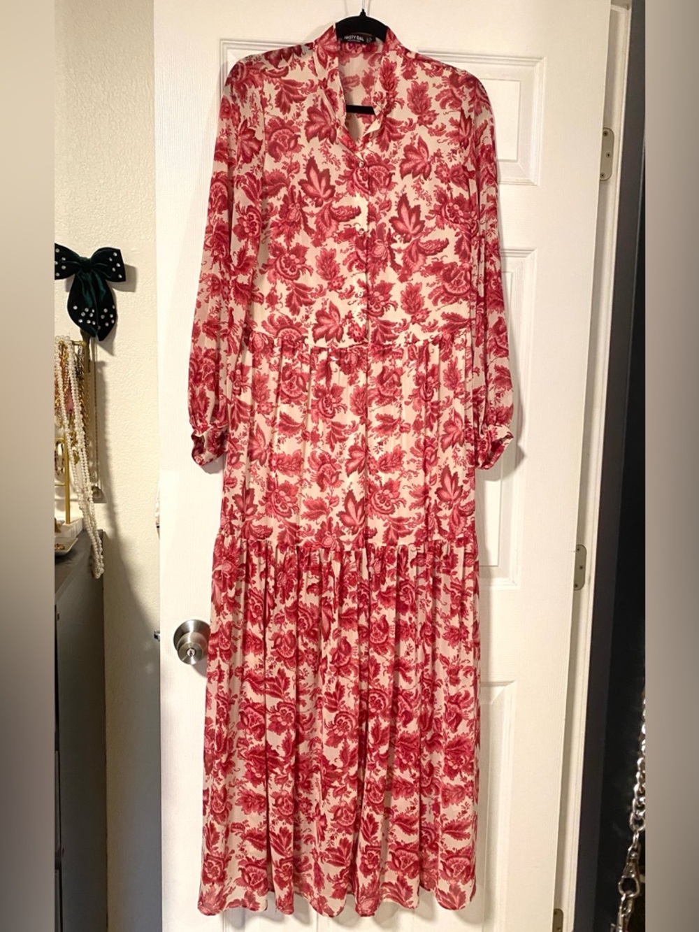 Nasty Gal Red Floral Tiered Maxi Dress on Cream